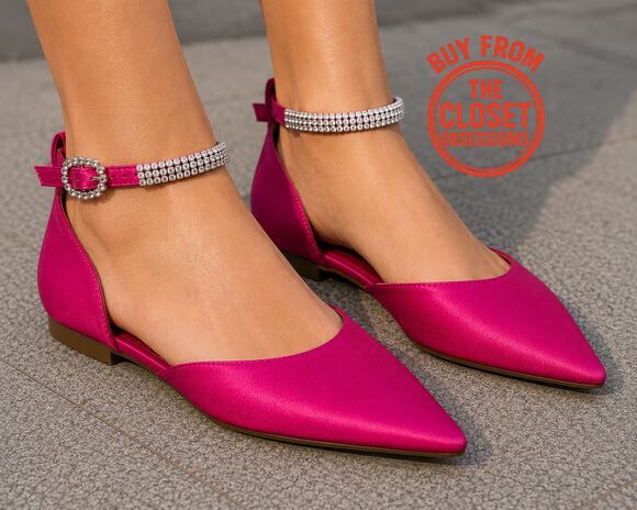 Mango Shoes - MANGO Fuchsia Satin Rhinestone Pointed Toe Flats NWT Barbiecore Shoes
